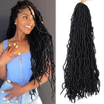 Side-by-side image showing a woman wearing long black faux locs and a matching bundle of black loc hair extensions displayed on a white background.