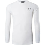 A vibrant long-sleeved athletic compression shirt with a crew neck. The shirt has a subtle logo on the upper left chest and appears to be made from a stretchy, moisture-wicking fabric, designed for sports or active wear.