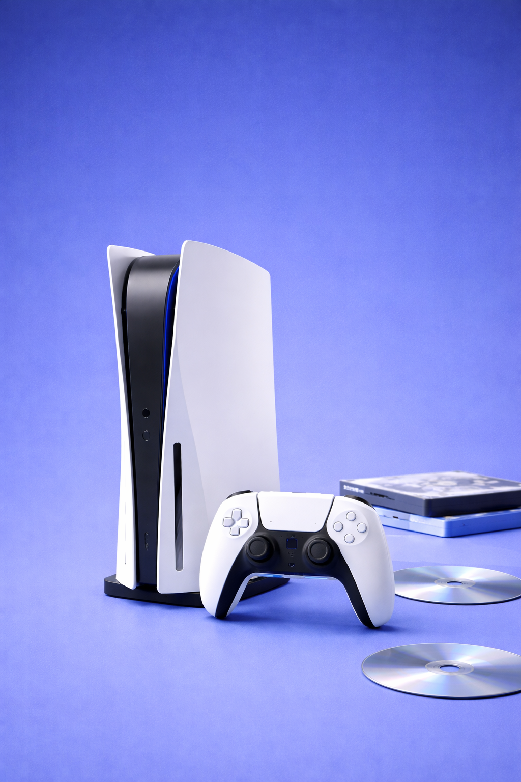 Gaming console with controller and discs on a blue background
