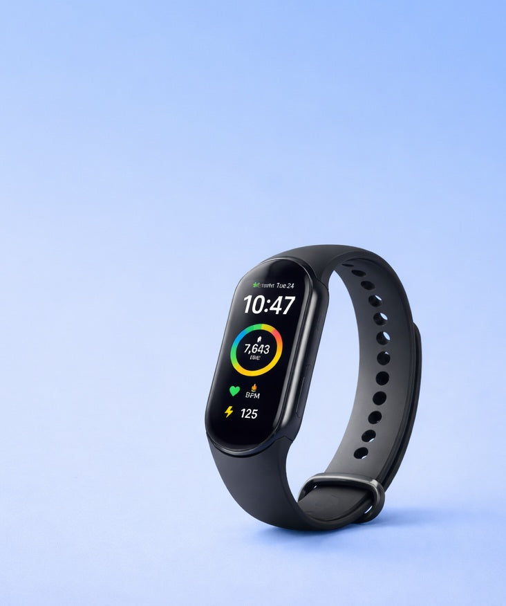 Black smartwatch on a light blue background