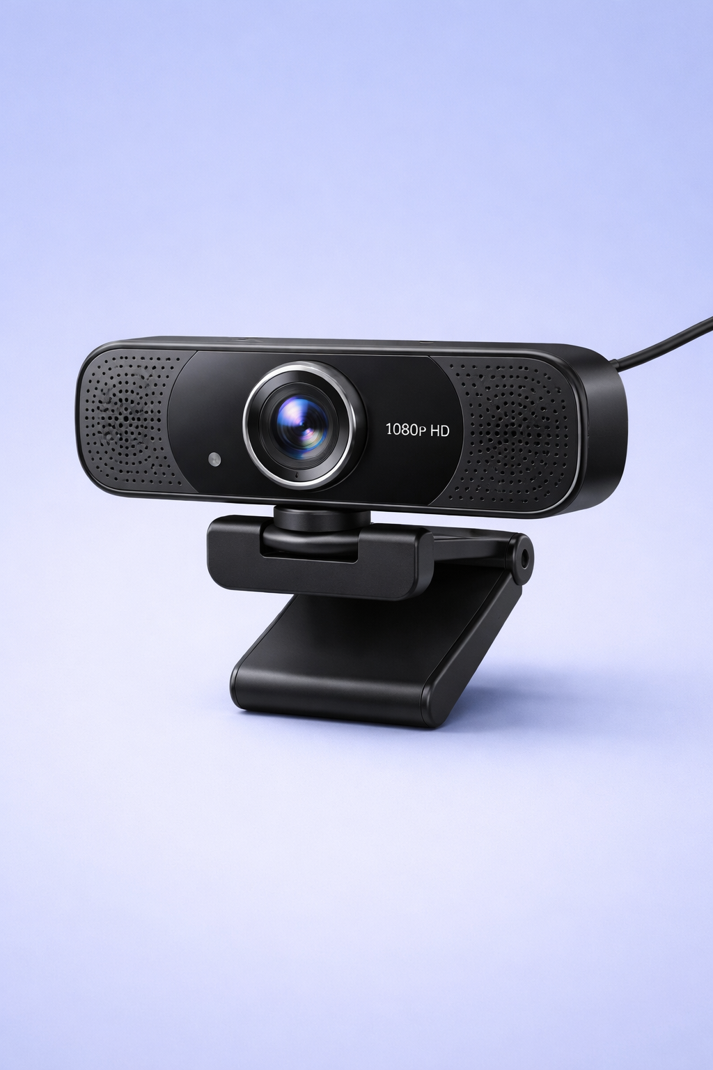 Black webcam with a 1080p HD label on a light purple background