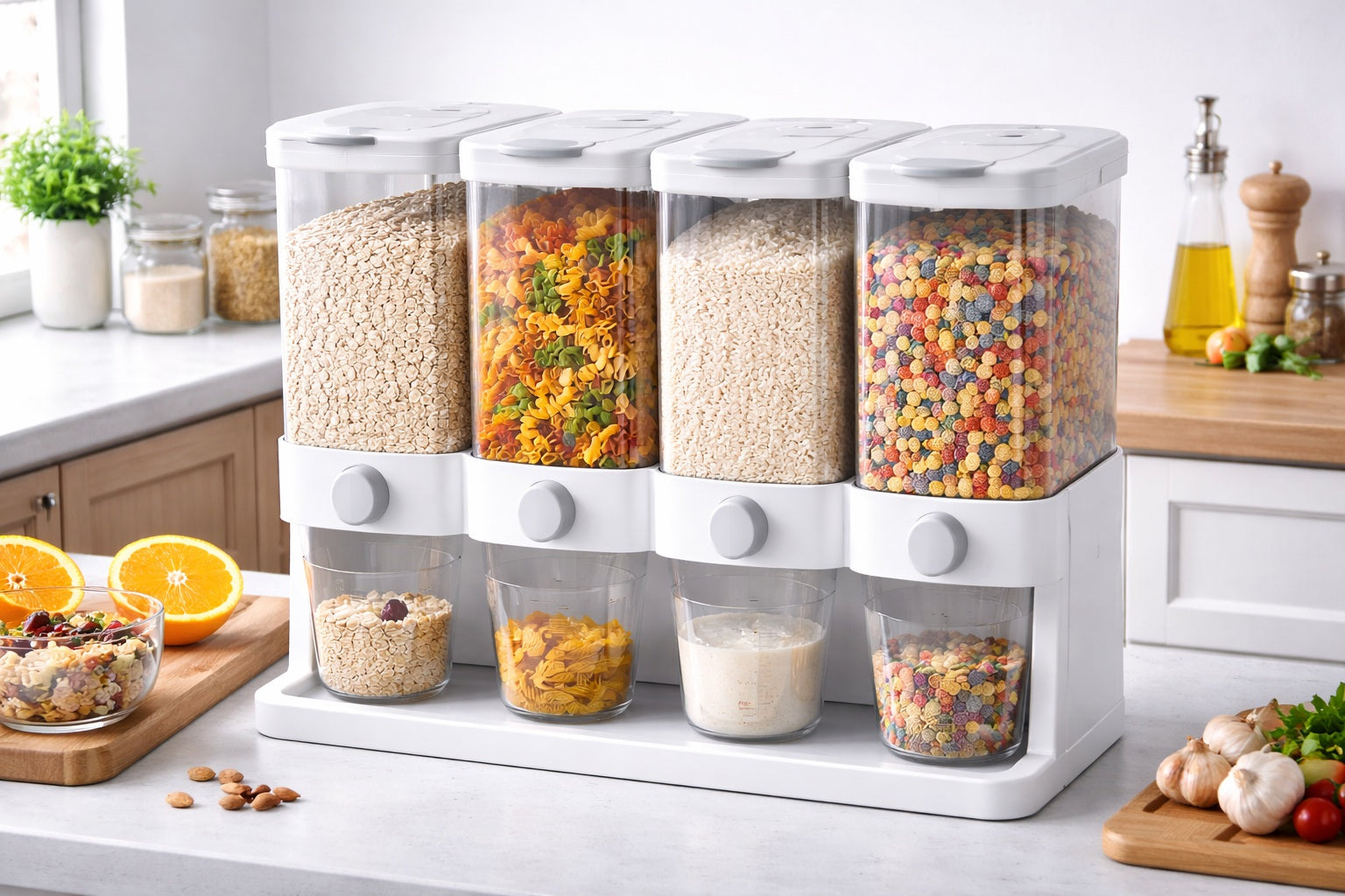 Set of white kitchen storage containers with food on a kitchen counter