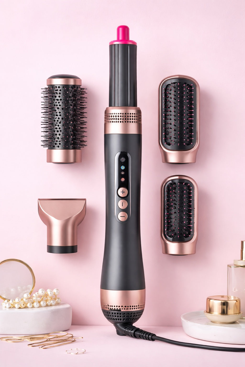 Multifunctional hair styling tool with attachments on a pink background