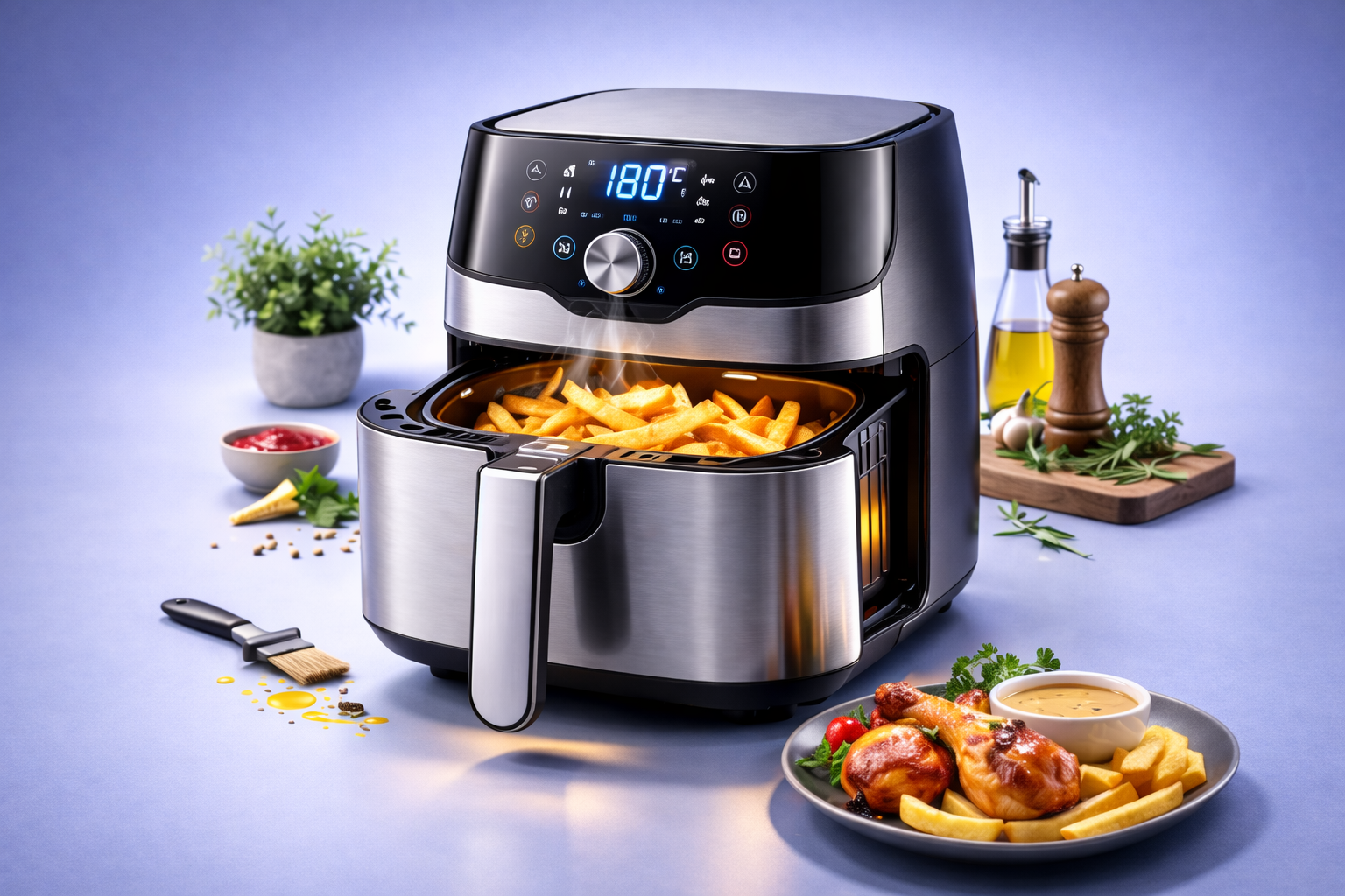 Air fryer with fries and a plate of food on a purple background