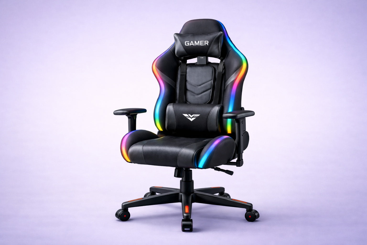 Gaming chair with RGB lighting on a light purple background