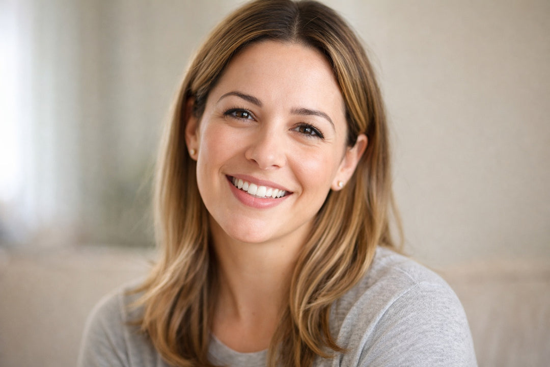 Woman with a smile on a neutral background