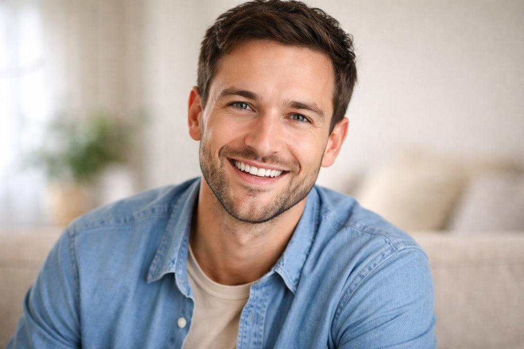 Man wearing a blue denim shirt sitting on a couch with a blurred background