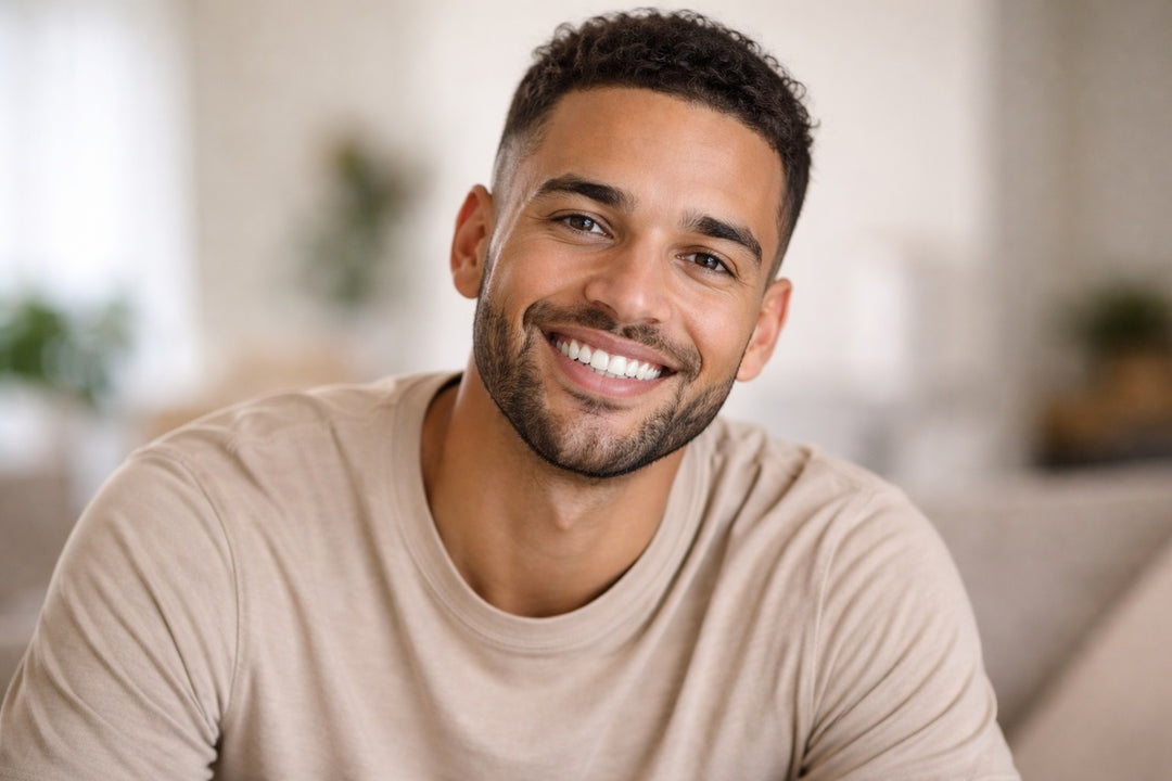 Man wearing a beige shirt sitting in a blurred indoor setting
