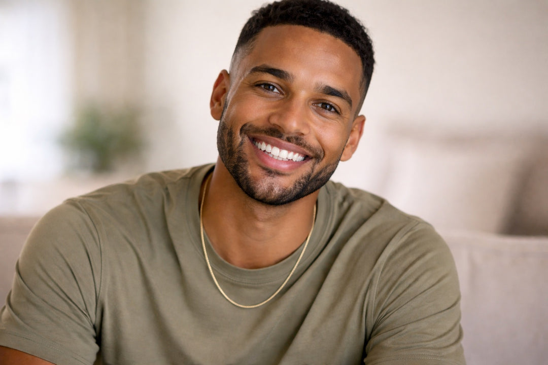 Man wearing a green shirt with a blurred background