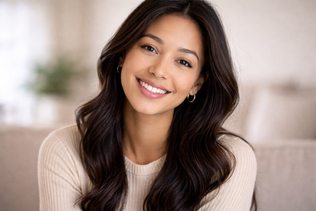 Woman with long dark hair wearing a beige sweater in a blurred indoor setting