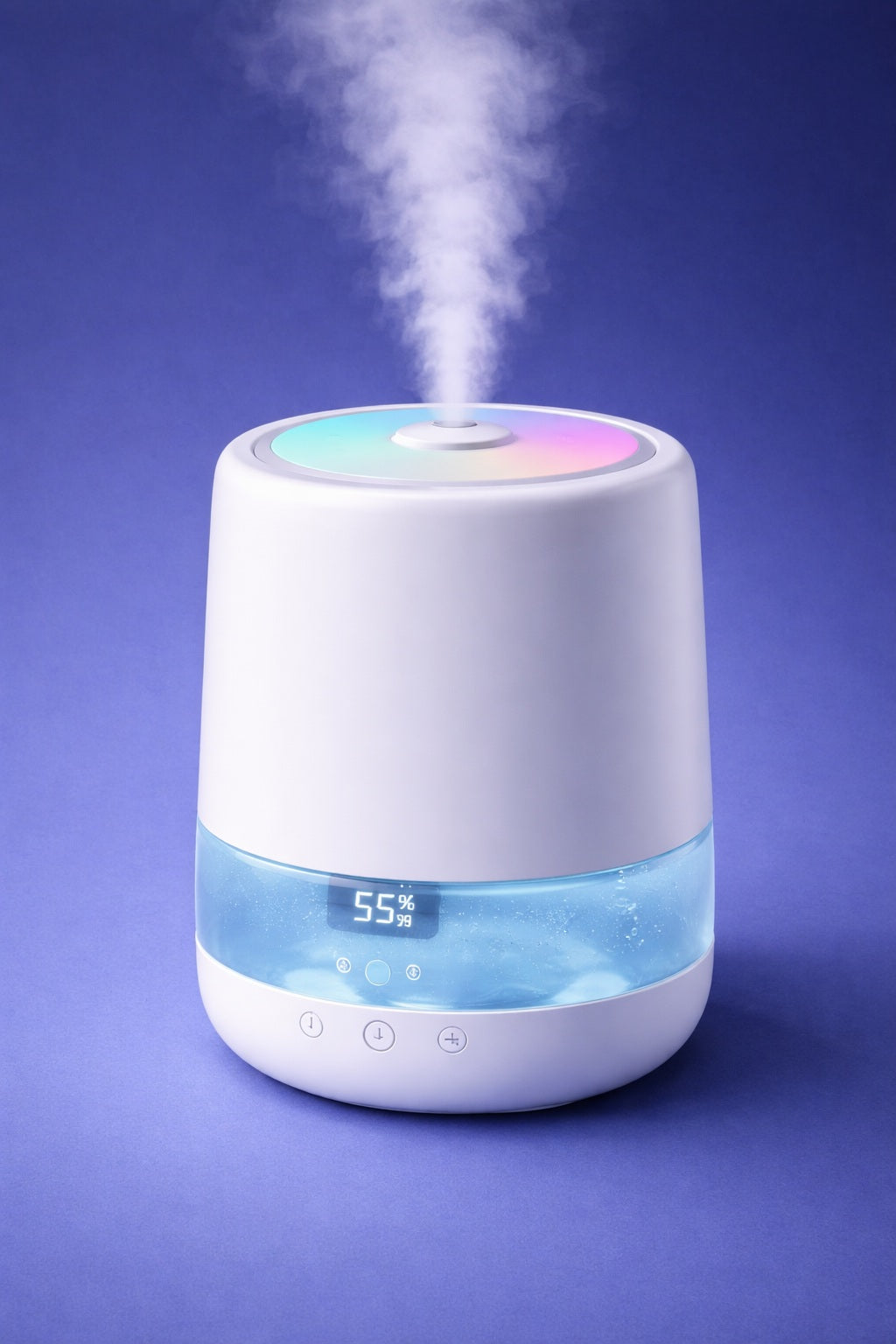 White humidifier with colorful display on a purple background
