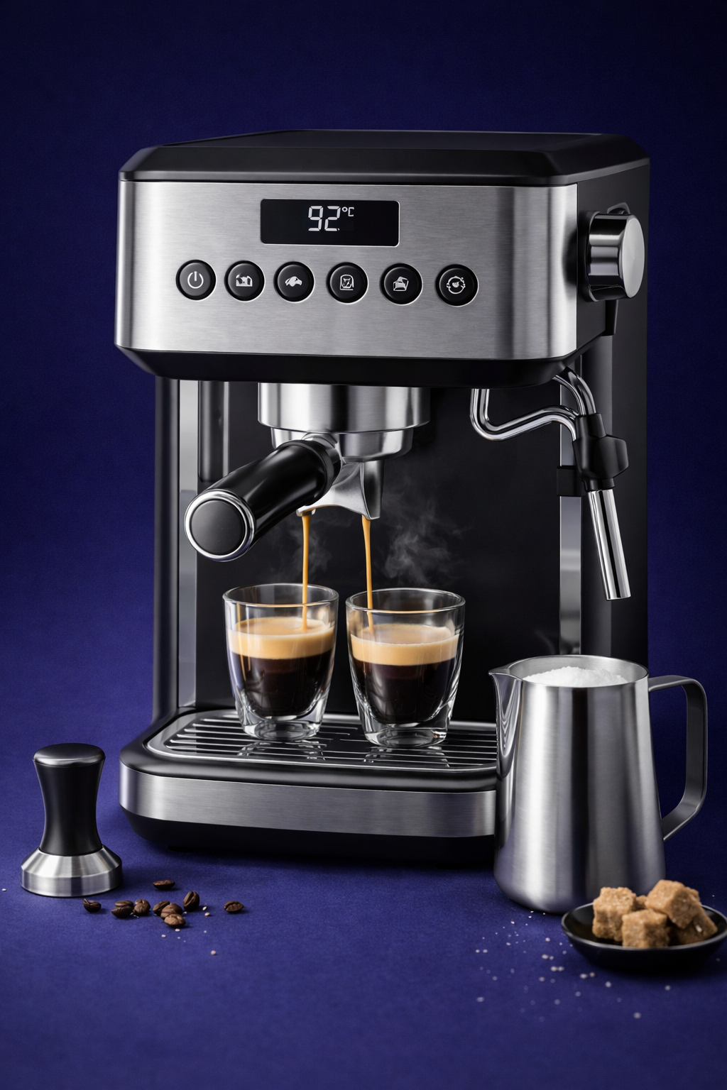 Espresso machine pouring coffee into two glasses on a dark background