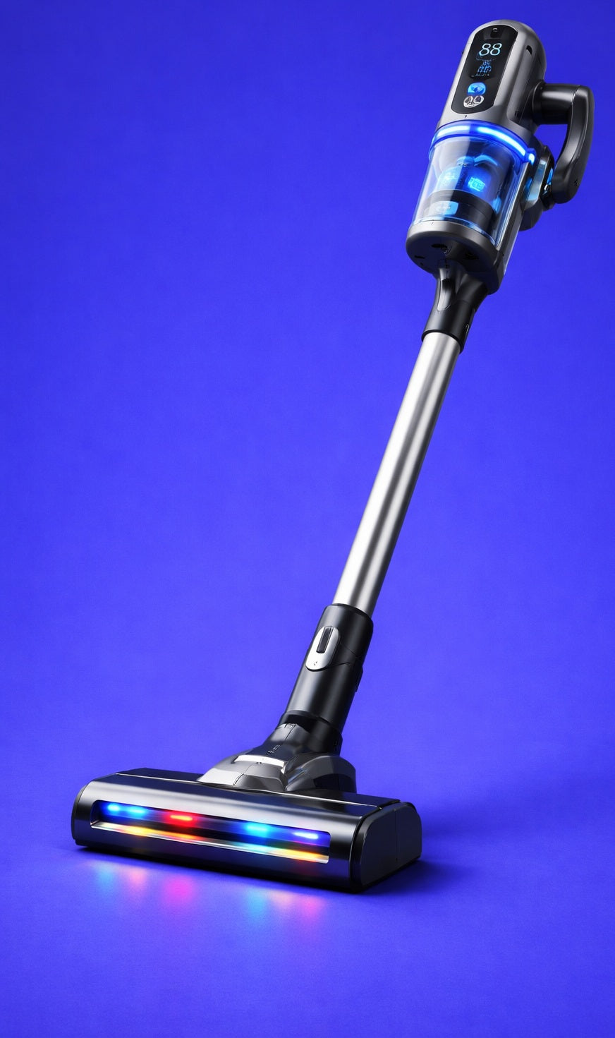 Black and silver cordless vacuum cleaner on a blue background