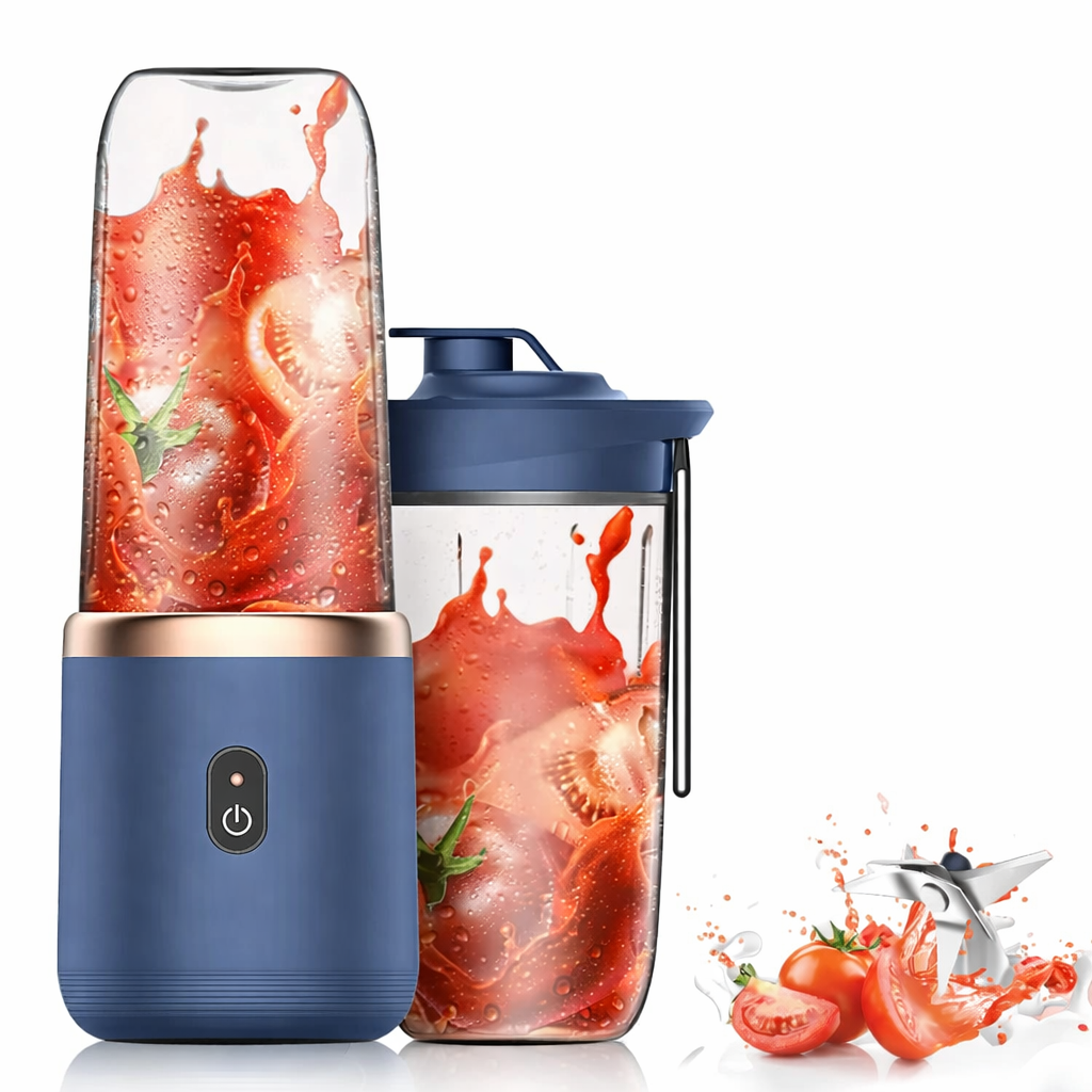 Blue portable blender with tomato juice and ingredients on a white background