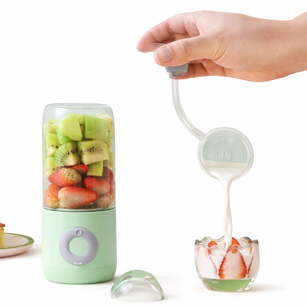 Hand using a portable blender filled with fruits to make a smoothie.