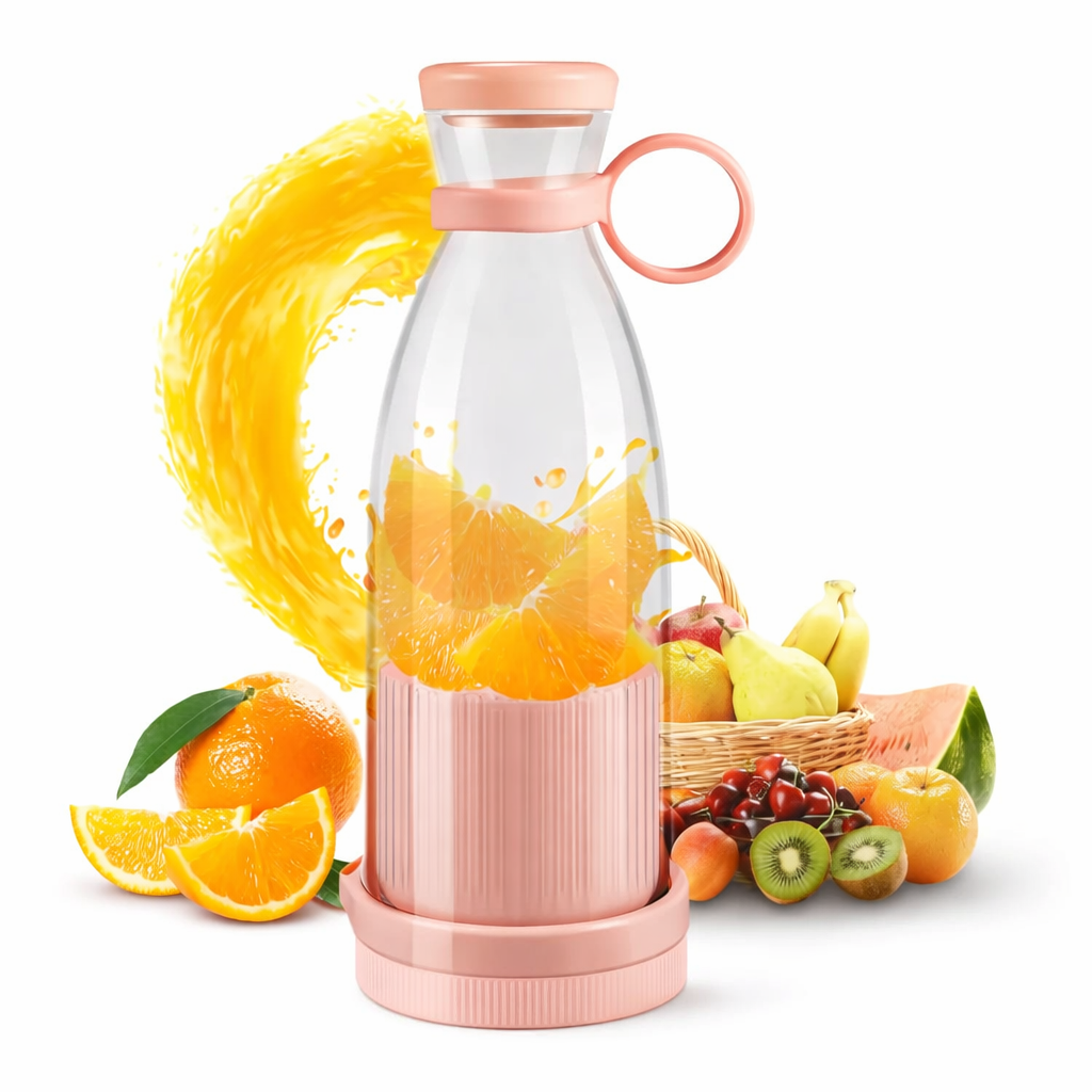 Pink portable blender with orange juice and fruits on a white background