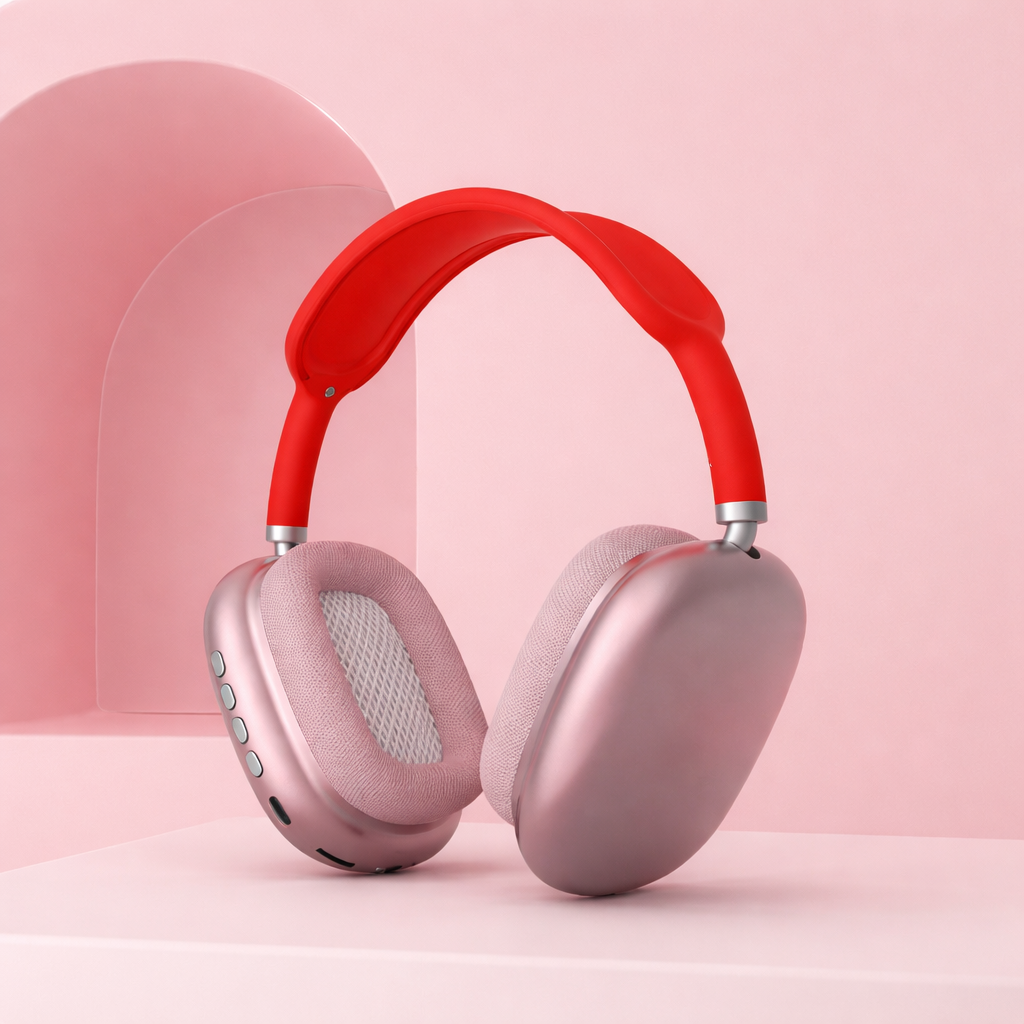 Pink headphones with red straps on a pink background