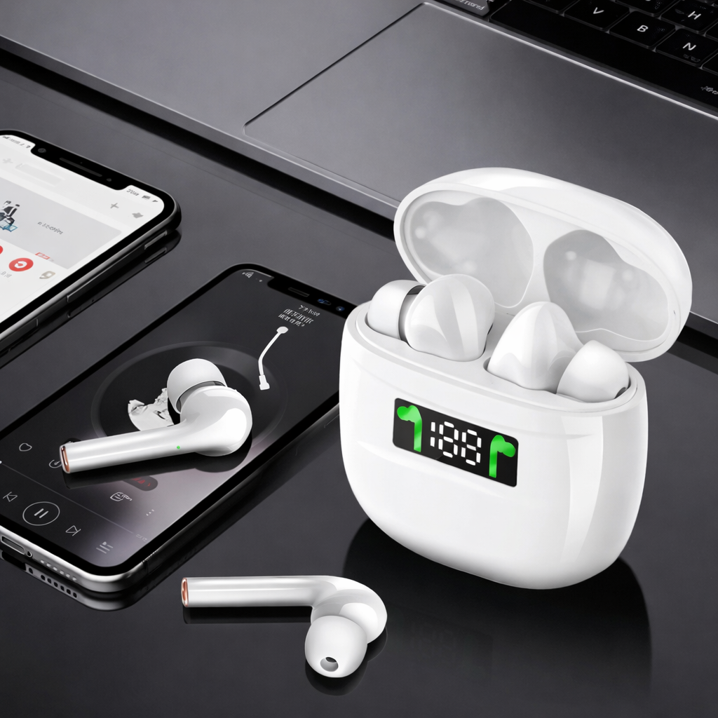Wireless earbuds with charging case on a desk next to a smartphone and laptop.