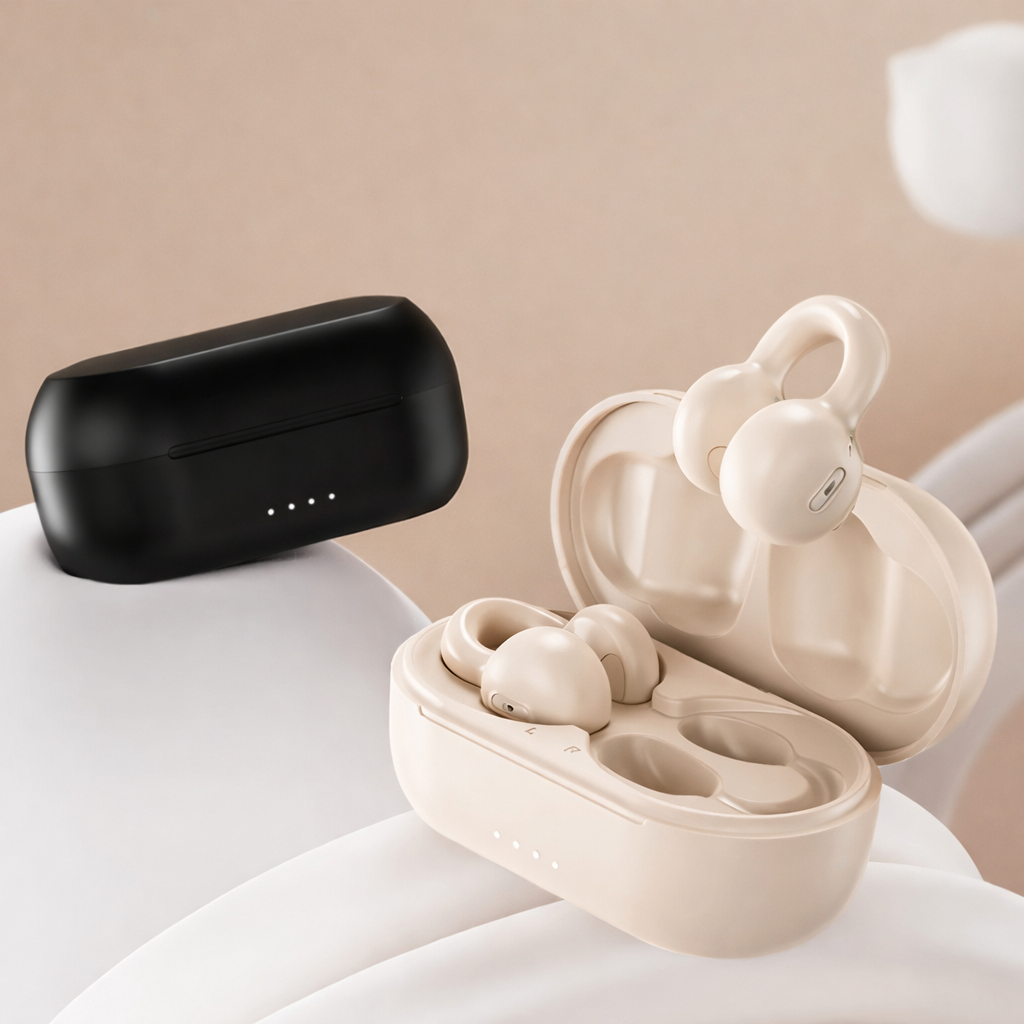 Wireless earbuds in a beige charging case on a light surface with a beige background
