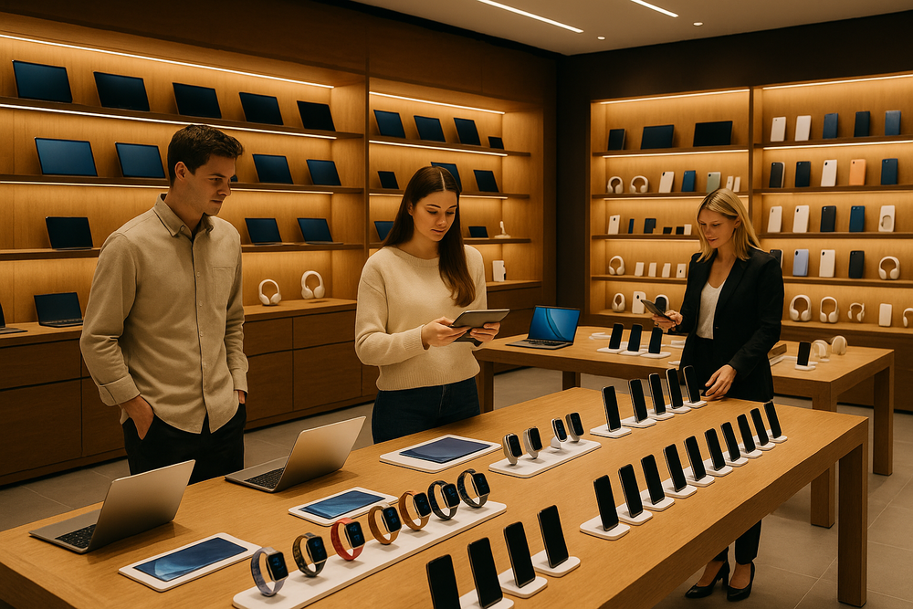 People in a store examining electronic devices on display tables.