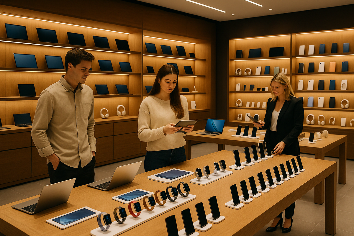 People in a store examining electronic devices on display tables.