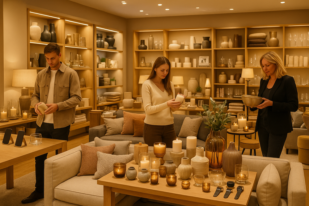 People shopping in a home decor store with various candles and vases on display.