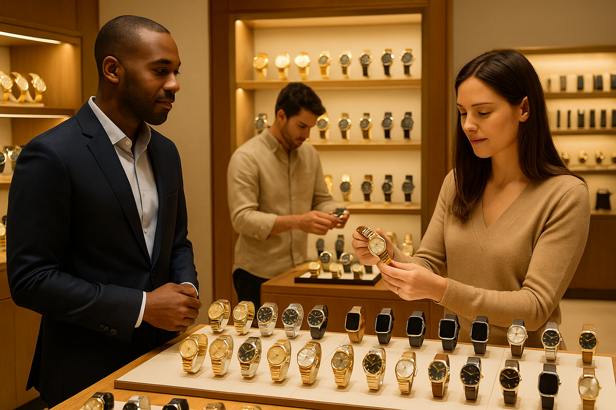 Two people examining watches on display in a store.
