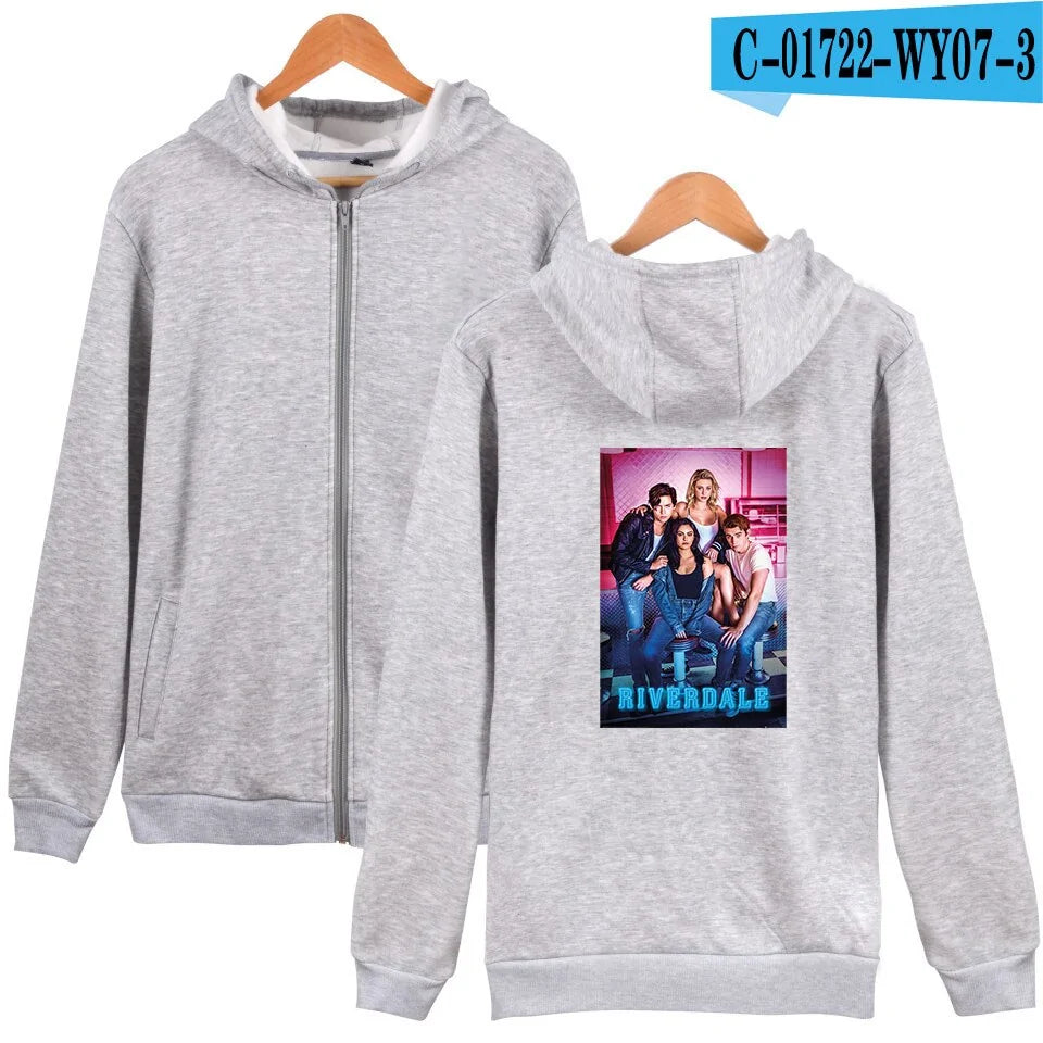 Light grey zip-up hoodie shown front and back, with a Riverdale graphic printed on the back.
