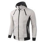 Grey and black zip-up hoodie.