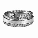 Silver-tone multi-layer cable cuff bracelet with twisted wire bands, a braided section, and a central ring engraved with Roman numerals, shown on a white background.