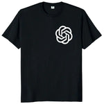 Black crewneck T-shirt with a small white knot-style logo printed on the left chest.