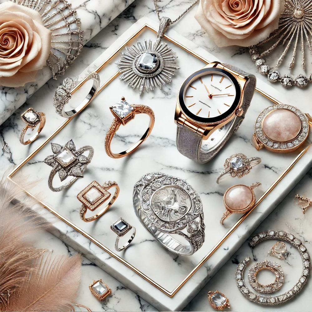 An array of jewellery displayed on a marble table