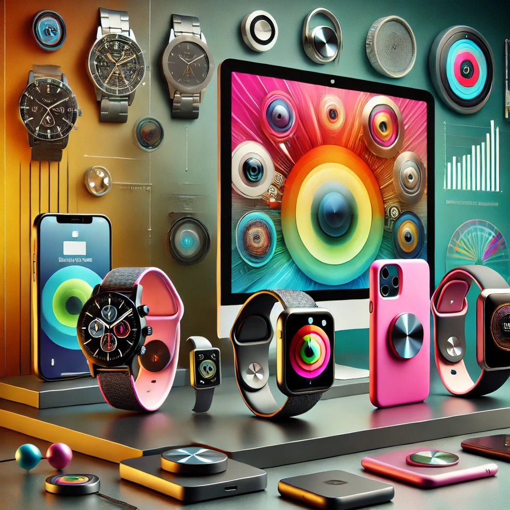 A display of smartwatches and luxury wristwatches