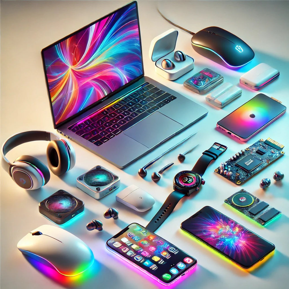 Tech accessories showing laptop, mobile phones, smartwatch, headphone, earbuds, mouse