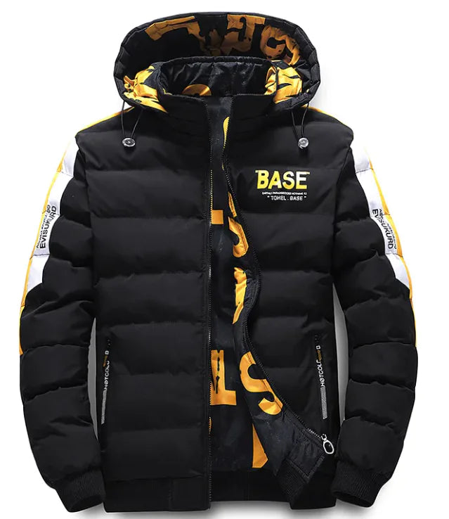 A stylish puffer jacket with a hood, featuring the word "BASE" printed on the chest. The jacket has a black and white patterned inner lining, zippered pockets, and white stripe details with text on the sleeves. The hood includes drawstrings for adjustment.