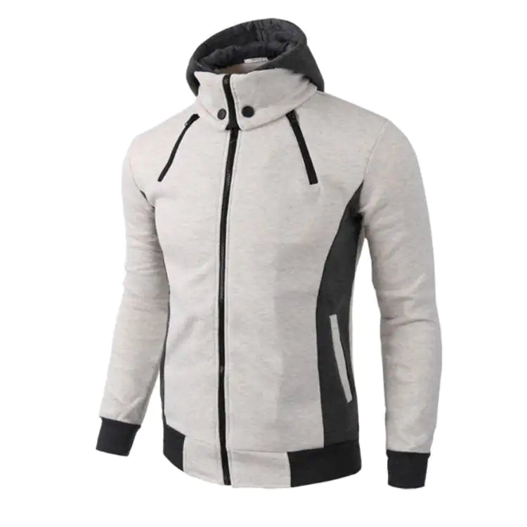 Light gray zip-up hooded jacket with black hood lining, black side panels, black cuffs/hem, and a front zipper with drawstrings.