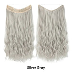 Two long, wavy hair extension wefts in silver gray shown front and back on a white background, labeled “Silver Gray.