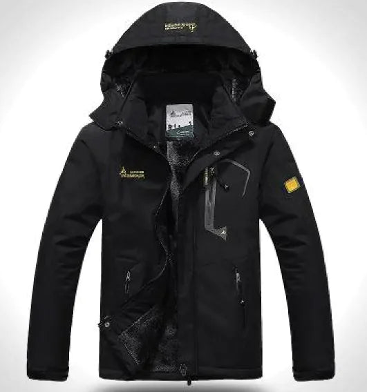 A outdoor jacket with a hood, multiple zippered pockets, and a logo on the chest and sleeve. The jacket appears to be designed for cold or wet weather, with a waterproof or windproof material.