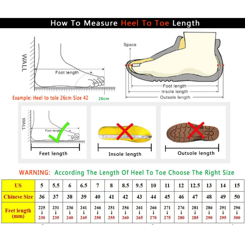 Men's Classic Fashion Workout Sneakers Chart Size