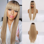Long straight blonde wig with full fringe, shown on a model and mannequin from front and back views, featuring smooth, natural-looking length and an even, sleek finish.