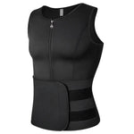 Black zip-front compression vest/waist trainer with sleeveless design and two adjustable Velcro waist straps, shown on a white background