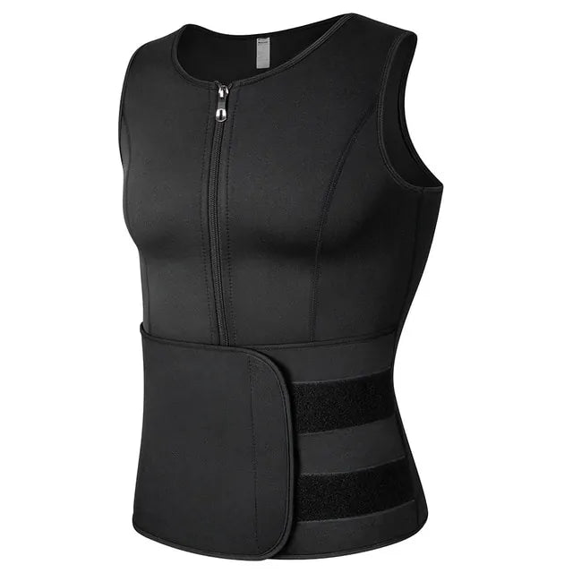 Black zip-front compression vest/waist trainer with sleeveless design and two adjustable Velcro waist straps, shown on a white background