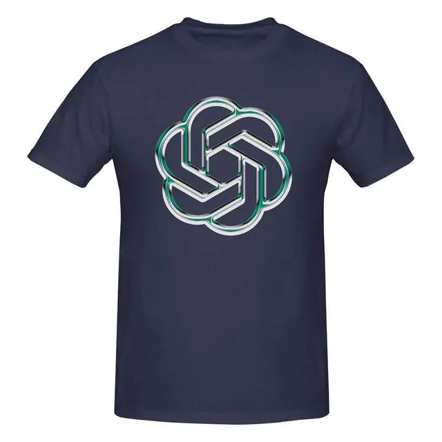 A navy blue short-sleeve T-shirt featuring a large OpenAI-style knot logo centered on the chest. The logo has a glossy layered effect with white, teal, and dark outlines, giving the shirt a clean tech-inspired look.