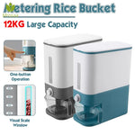 White countertop rice dispenser with a clear window showing grains inside and a push-button release above a transparent measuring cup, set against a tiled kitchen backsplash.