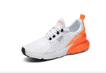 White knit trainer with blue cage lacing, pull tabs and sculpted translucent sole.
