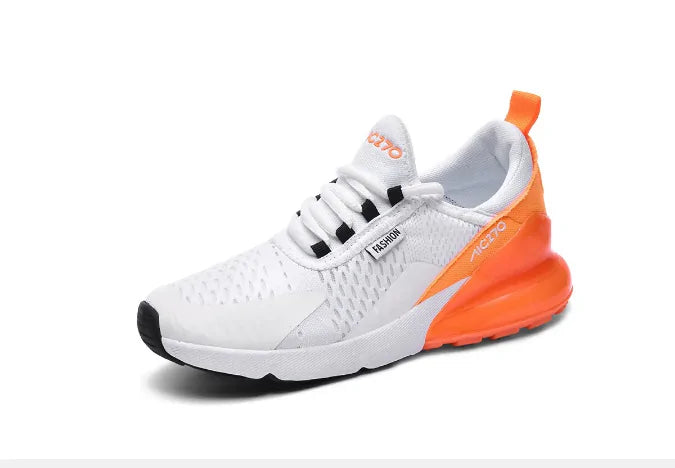 White knit trainer with blue cage lacing, pull tabs and sculpted translucent sole.