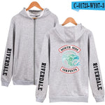 Light grey zip-up hoodie with “Riverdale” printed on the sleeves and a South Side Serpents snake graphic on the back.
