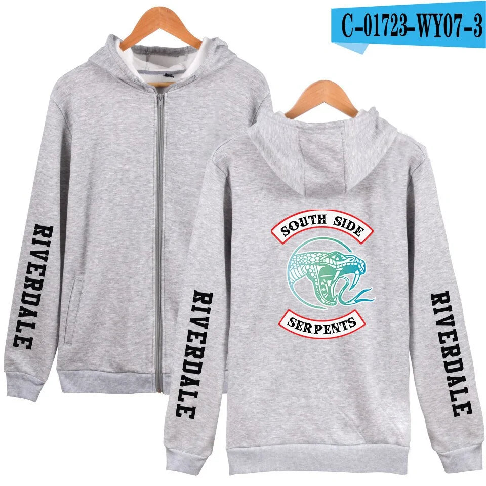 Light grey zip-up hoodie with “Riverdale” printed on the sleeves and a South Side Serpents snake graphic on the back.
