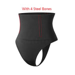 A black high-waisted waist trainer brief designed for firm tummy control and waist shaping. It features a supportive compression band with an open-crotch design and is labeled as having 4 steel bones for added structure and support. The shaping style is intended to smooth the midsection and enhance the waistline under clothing.