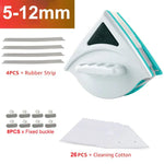 White triangular window-cleaning tool with a handle and cleaning pad, shown with accessories: 4 rubber strips, 8 fixed buckles, and 26 cleaning cloth pads, labeled “5–12mm.